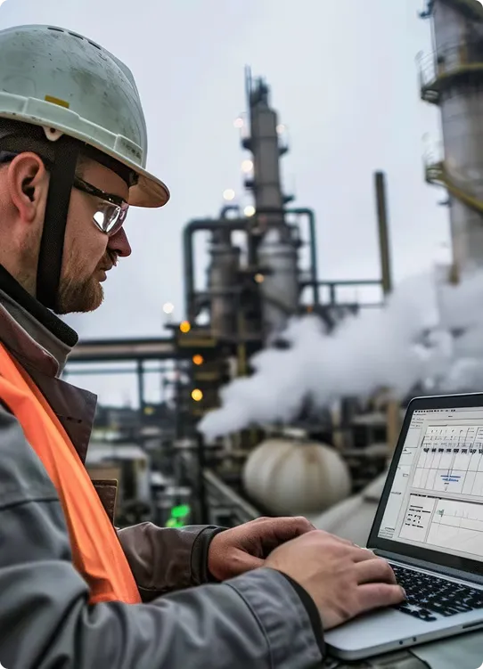 Engenheiro com notebook em planta industrial